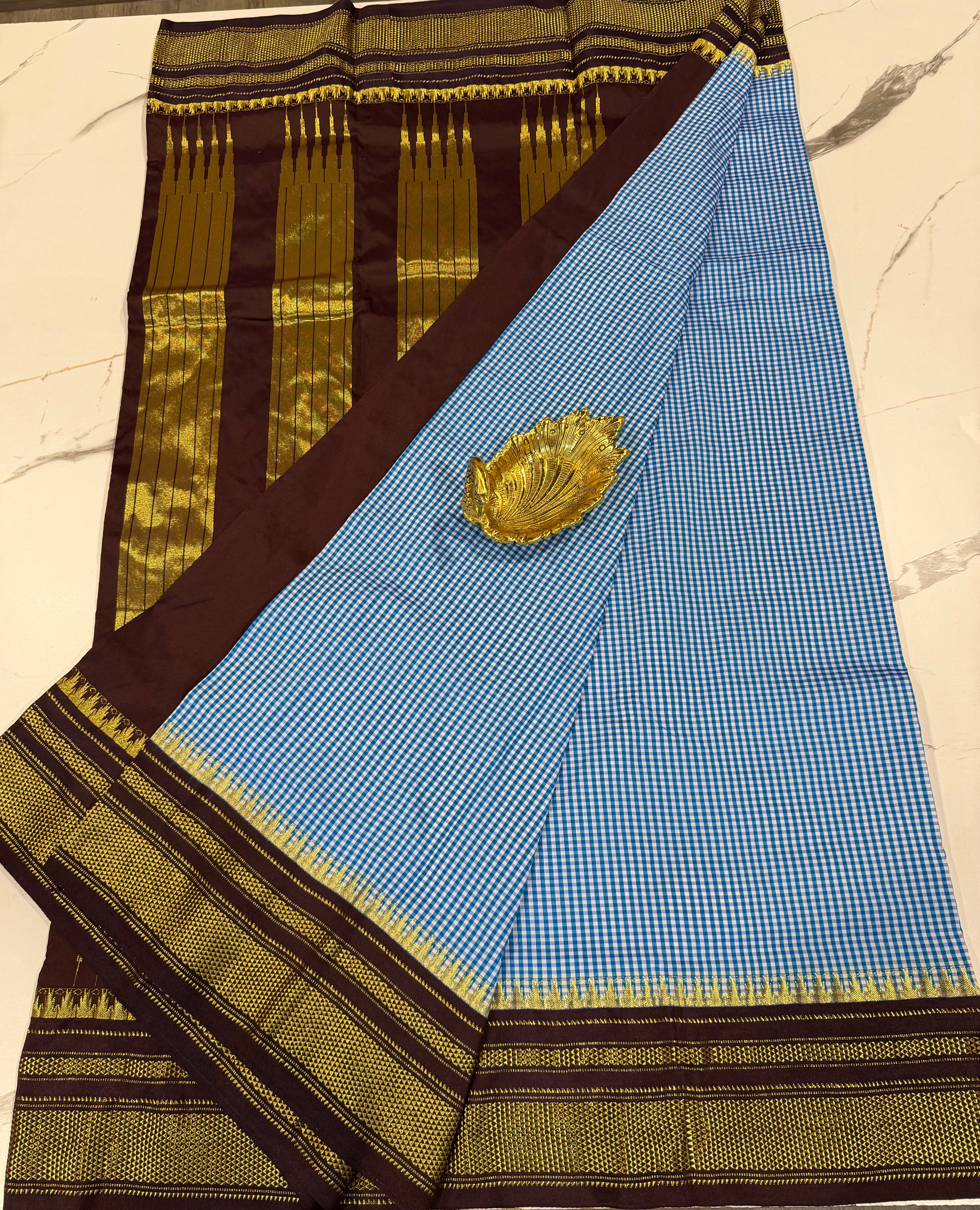 LD-N22 narayanapeta semi checks saree dark blue n brown colour border saree