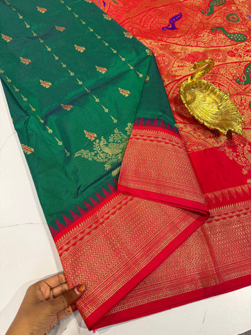 LD-NL35 semi narayanpet pattu bottle green and red border saree