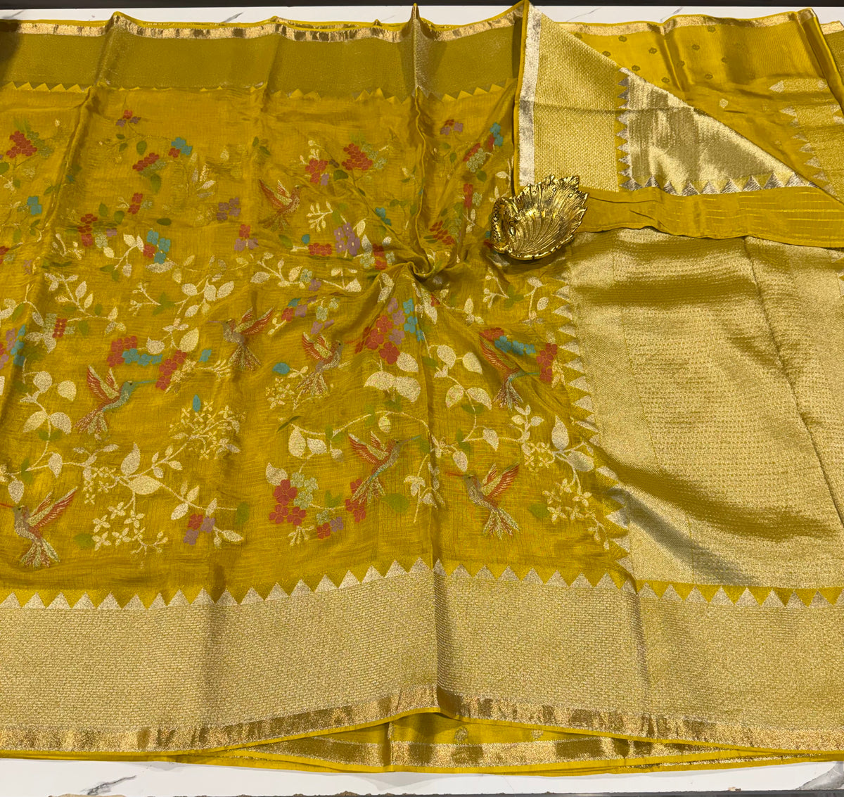 MZ-5900 Mustard yellow colour Manipuri Zari kota saree