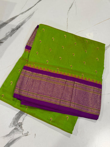 LD-N9 narayanapeta semi Pattu parrot green and megenta border muniya butta saree