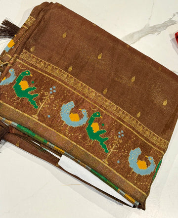 T-2998 Brown banaras ksnchi tissue Mashru borders saree