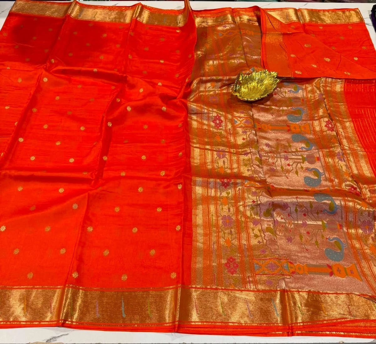 Pc-40 orange colour saree Paithani crepe