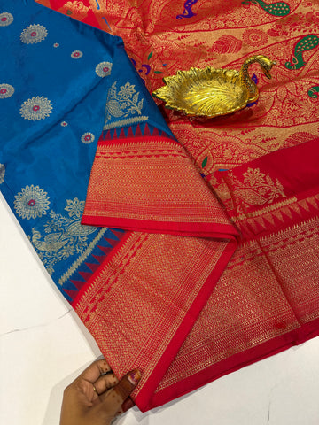 SN-35 Semi narayanpet blue and red border saree