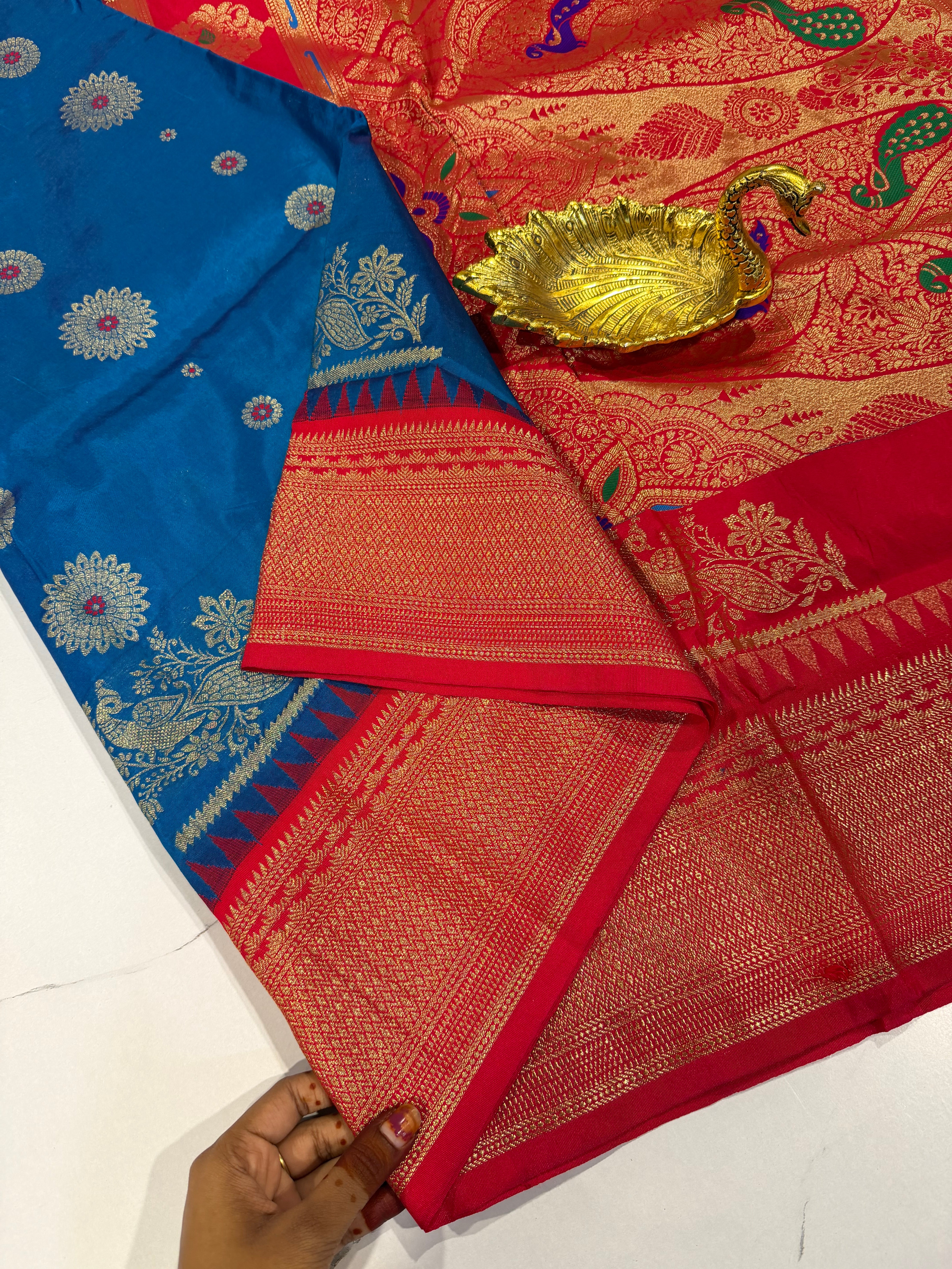 SN-35 Semi narayanpet blue and red border saree