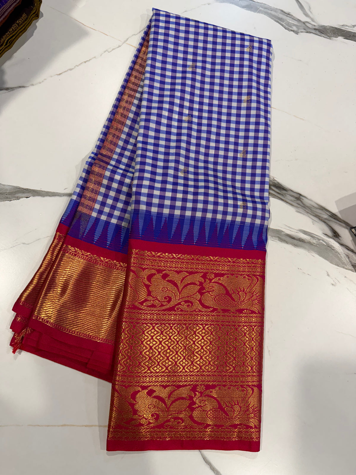 SGC-2500 Madras checks gadwal blue n pink border saree