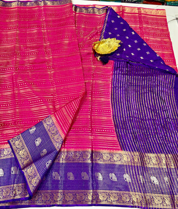 V-2100 pink n violet banaras vintage Kanchi horizontal lines saree