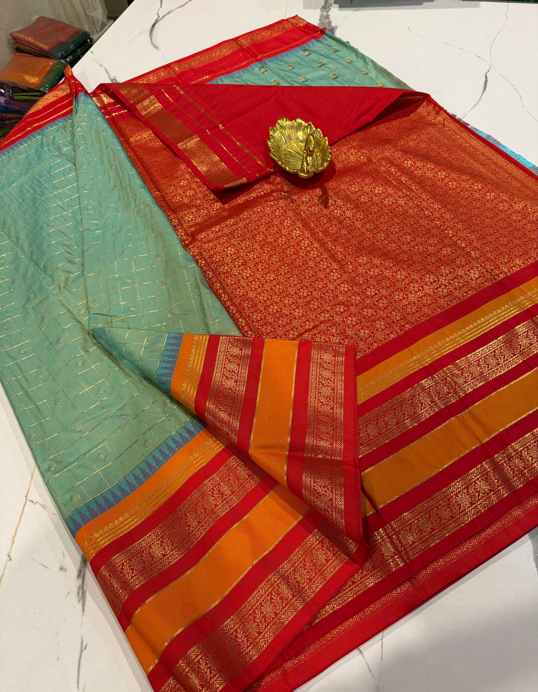 GR-2850 mint green and gap borders semi Gadwal sarees