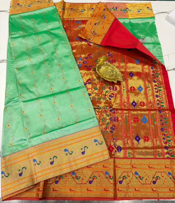 PV-3500 sea green colour Paithani moor popet borders saree