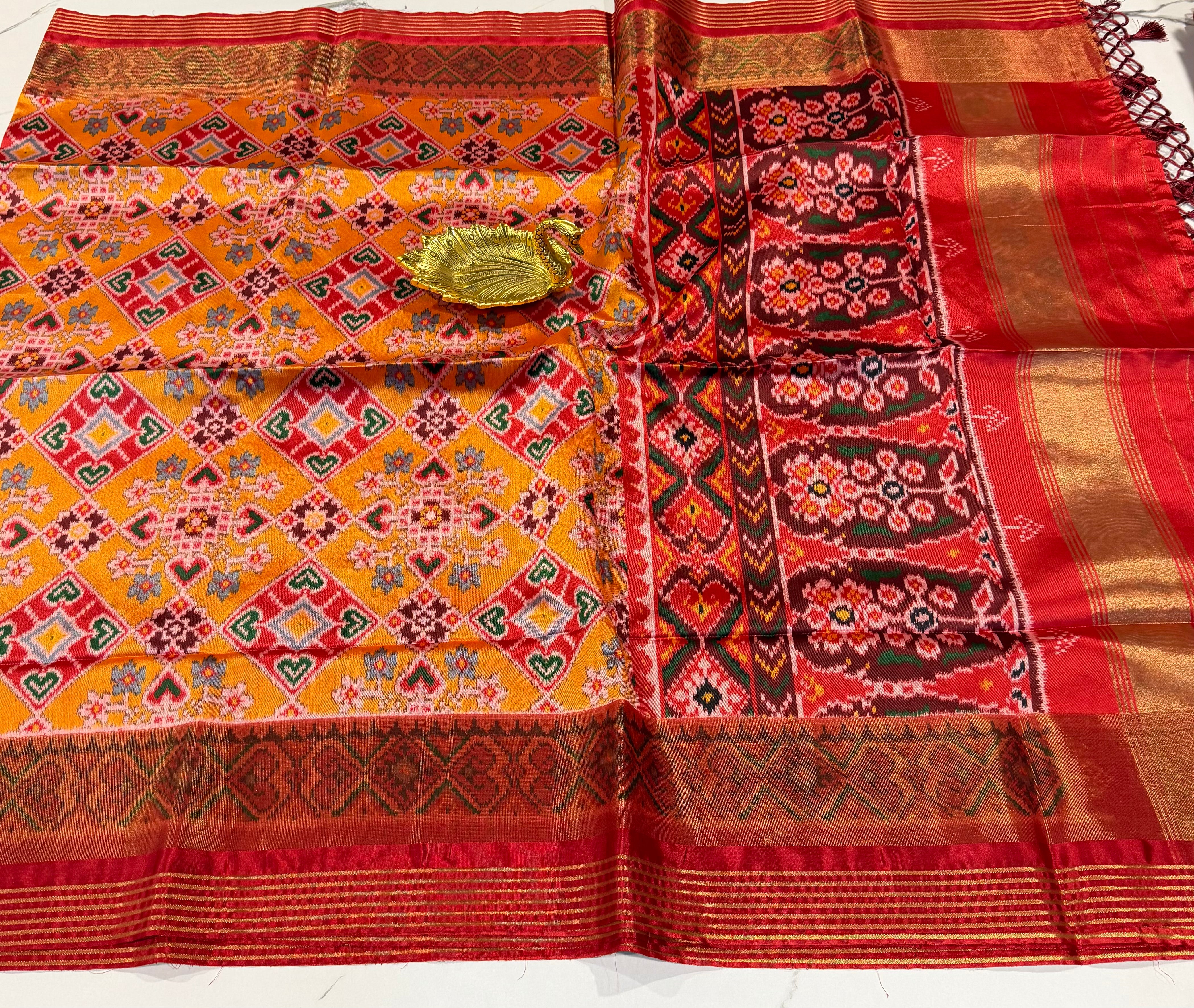 LD-1350 Navrathan patola tissue borders yellow saree