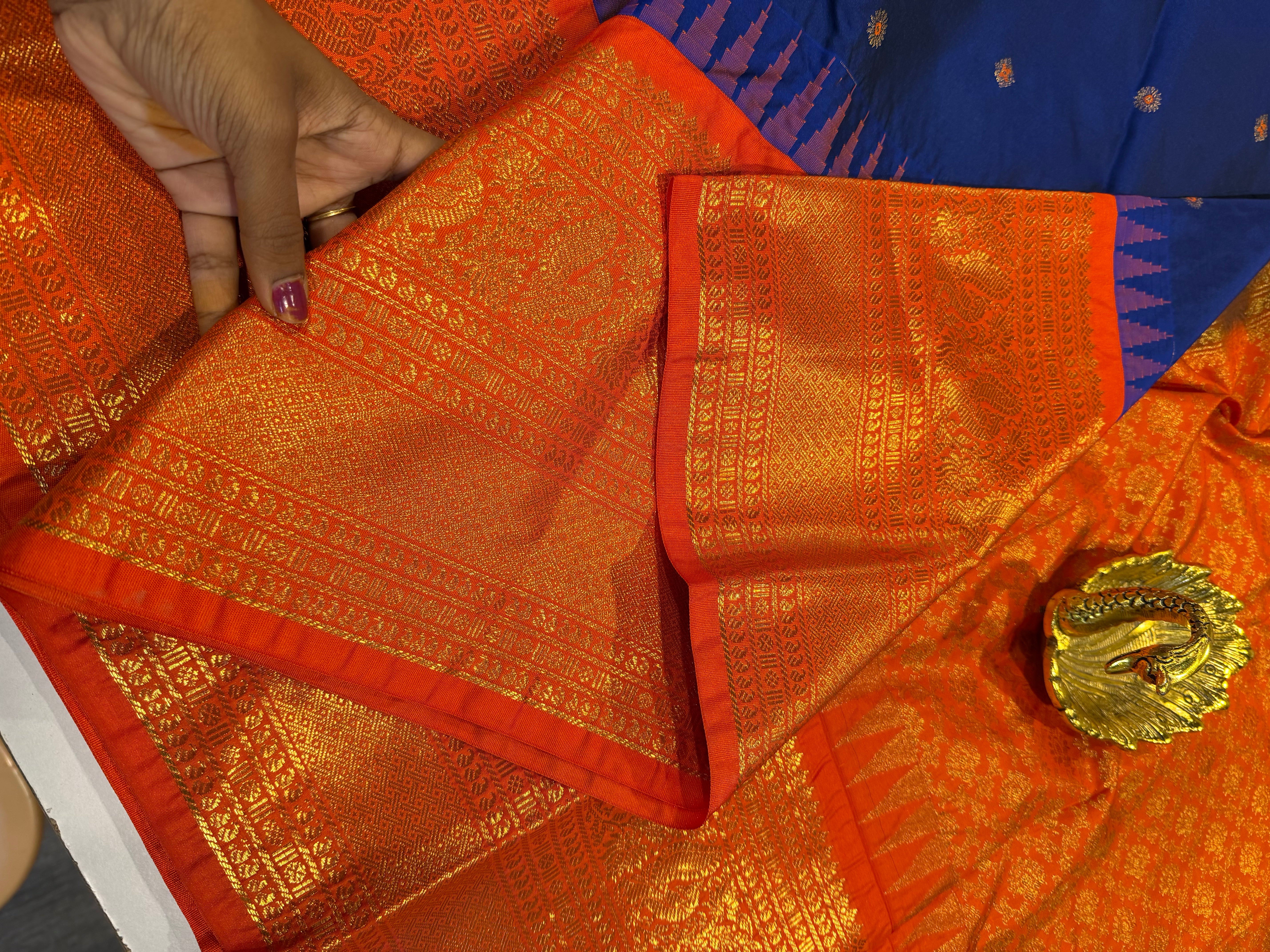 LD-G2299 vintage Semi Gadwal peacock blue and orange with butta saree