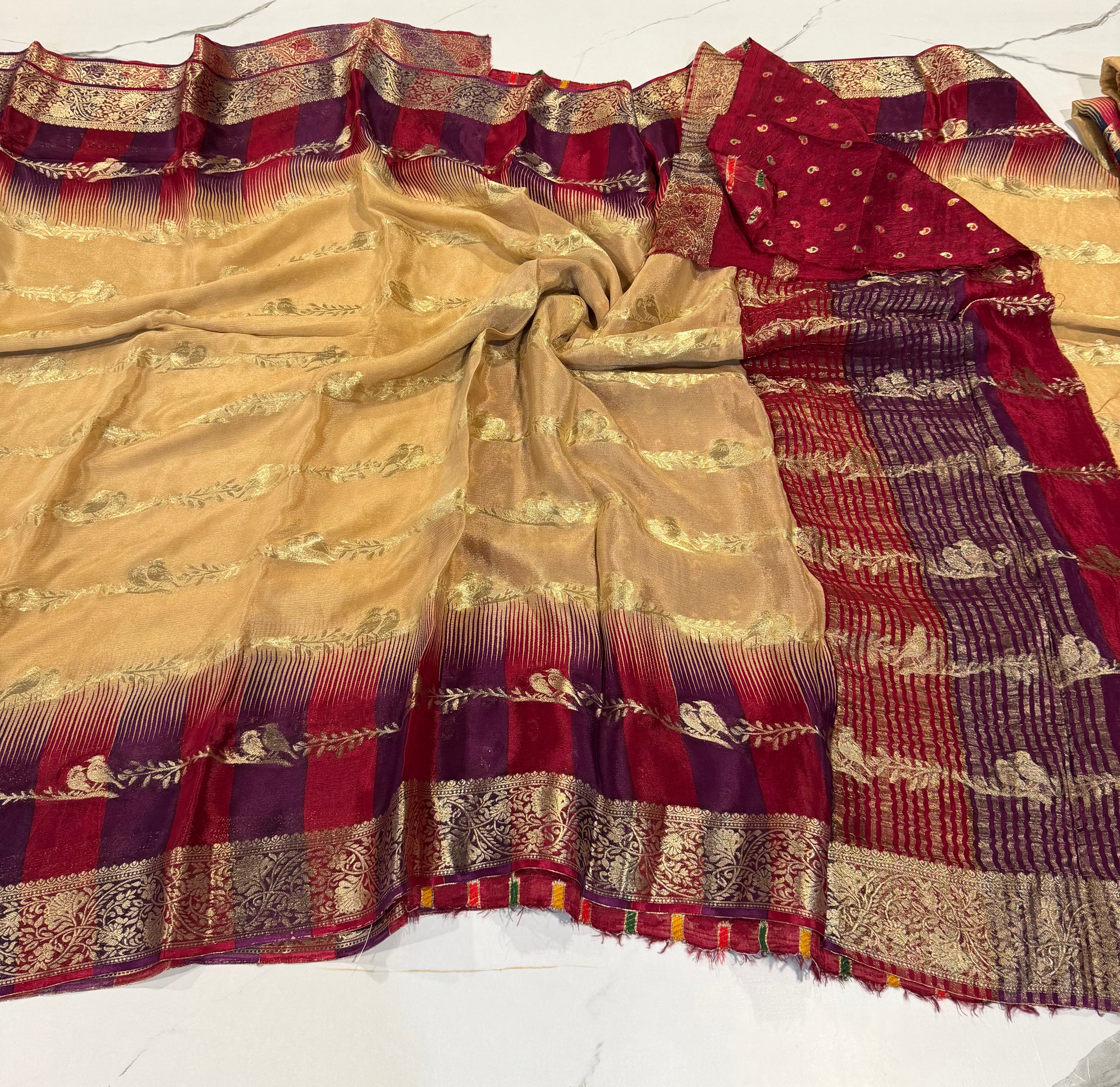 MW-R Cream saree Marron n purple borders