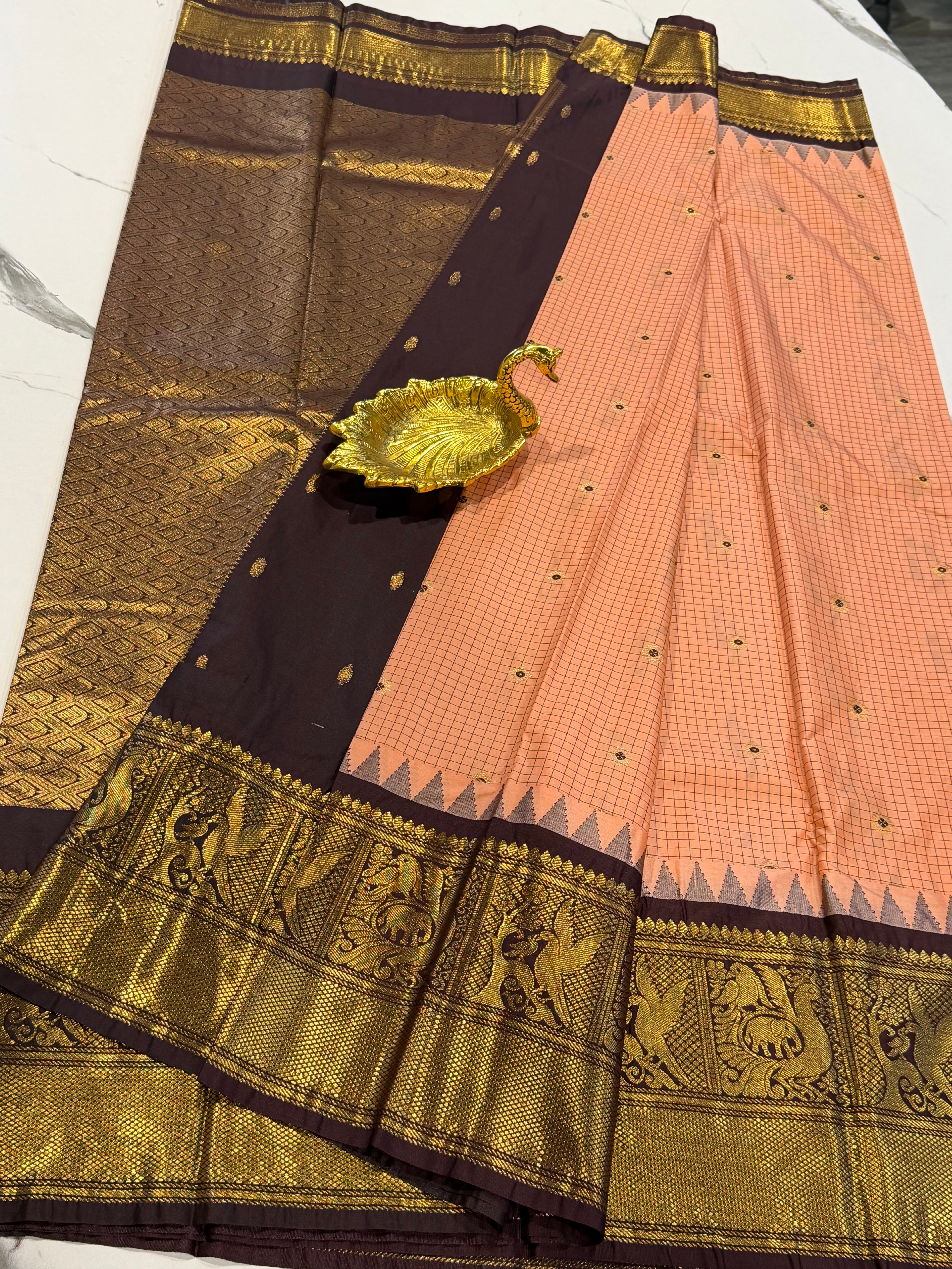 VG2 peach & brown semi Gadwal saree