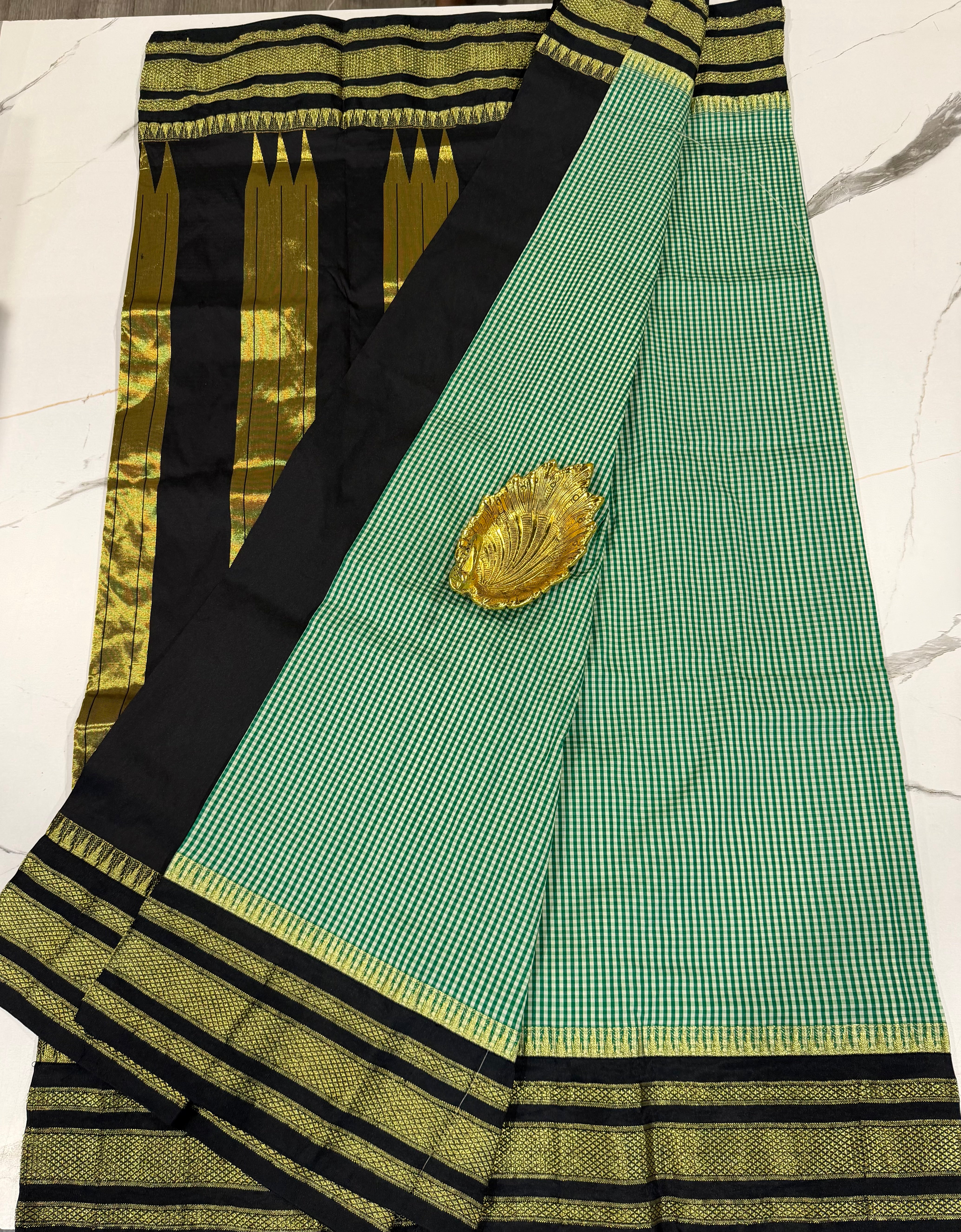 LD-N22 narayanapeta semi checks saree dark green n black colour border saree