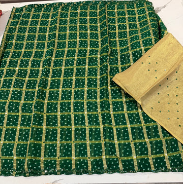 LD-B2 bandini Georgette foil mirror dark green saree