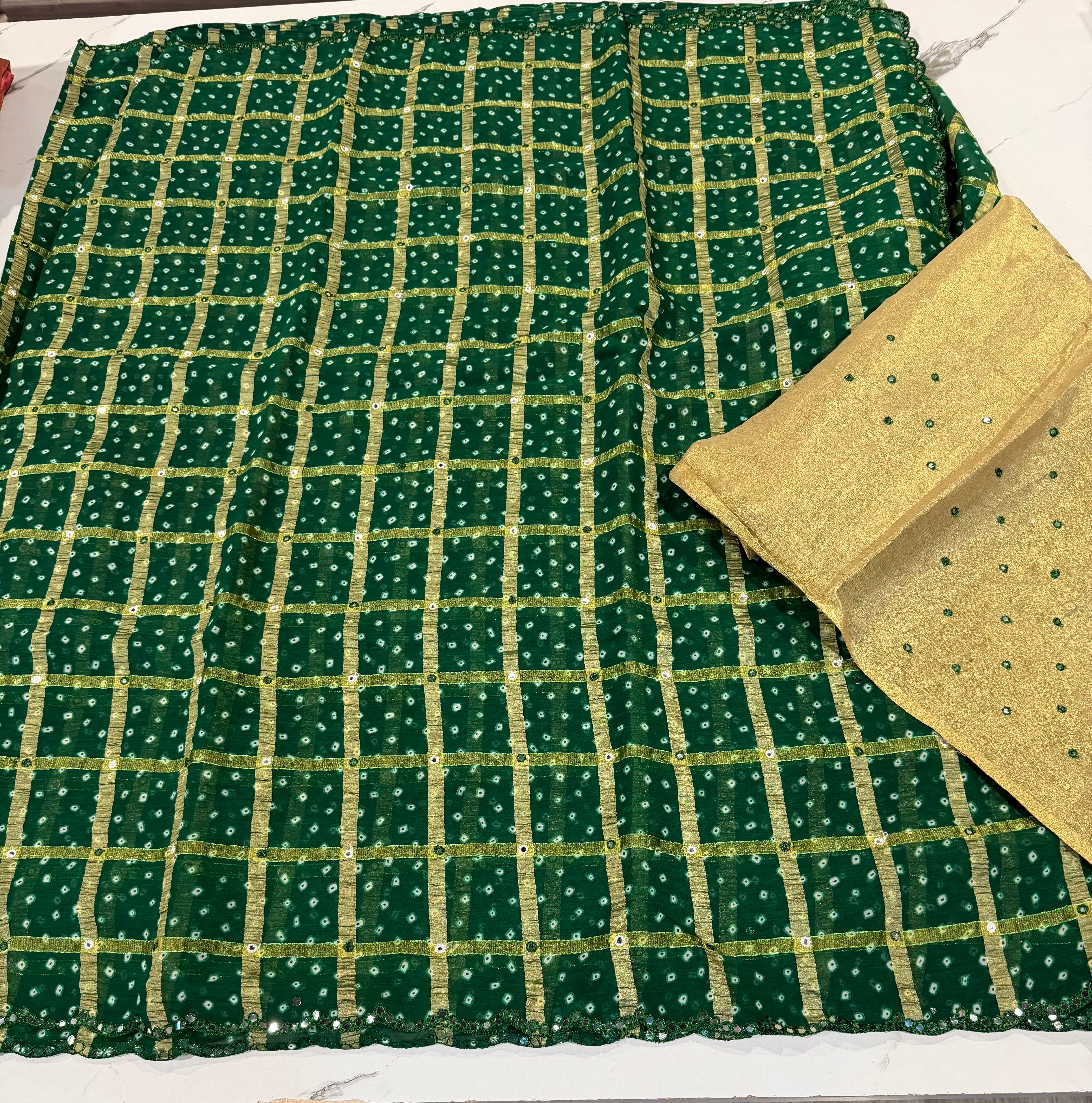 LD-B2 bandini Georgette foil mirror dark green saree