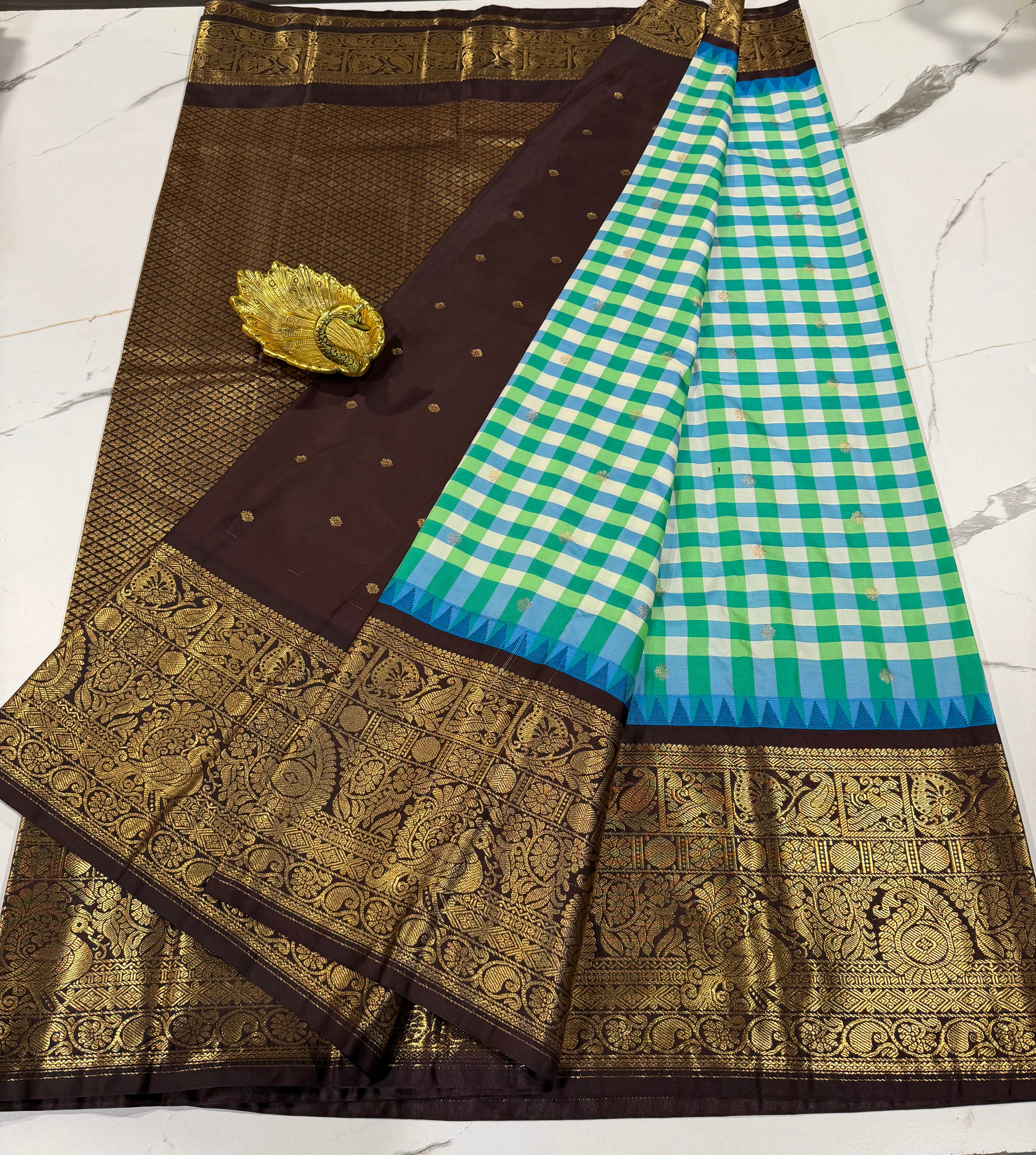SGC-2800 semi Gadwal checks green and brown border saree
