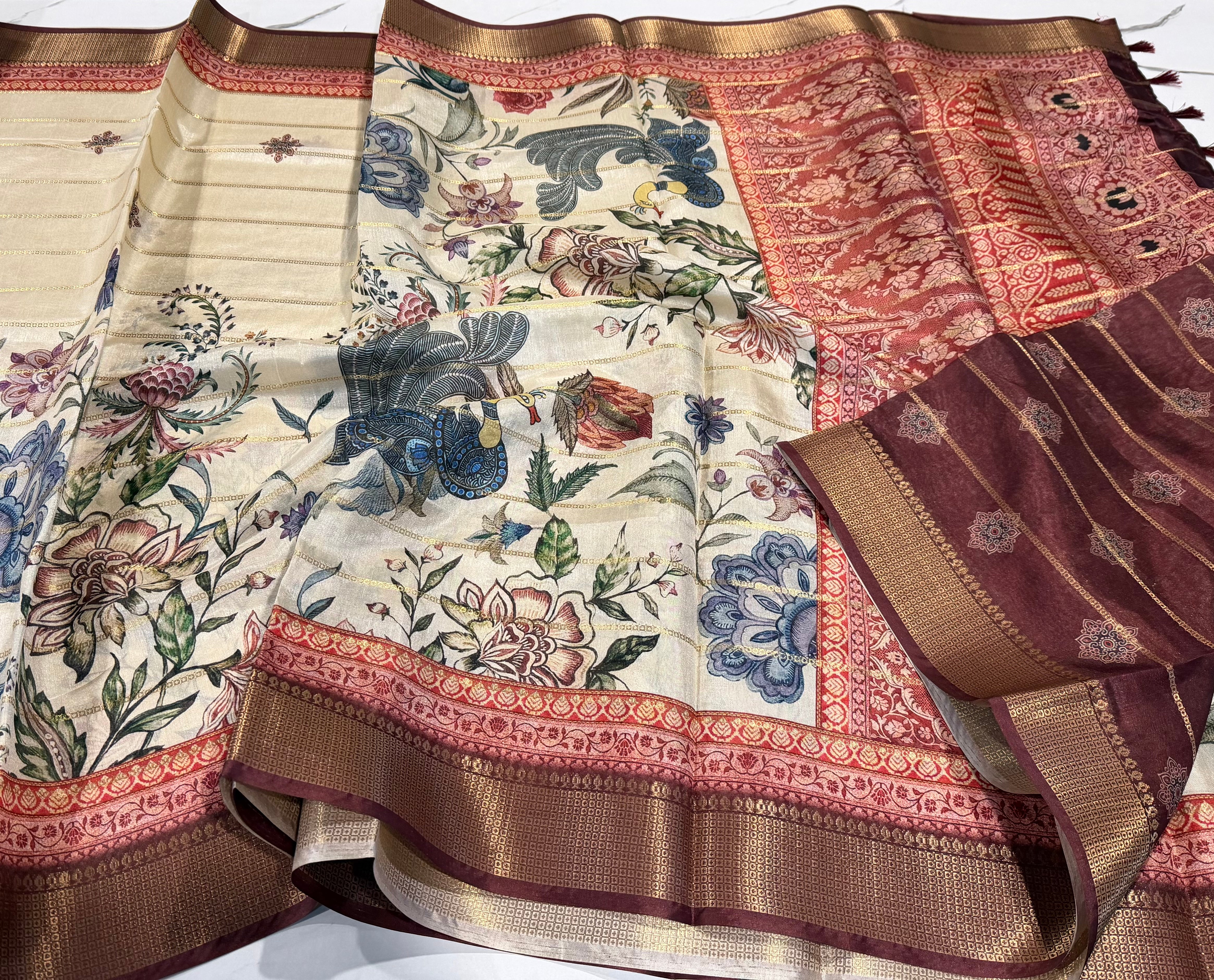 LD-C19 Banaras crepe prints ivory saree