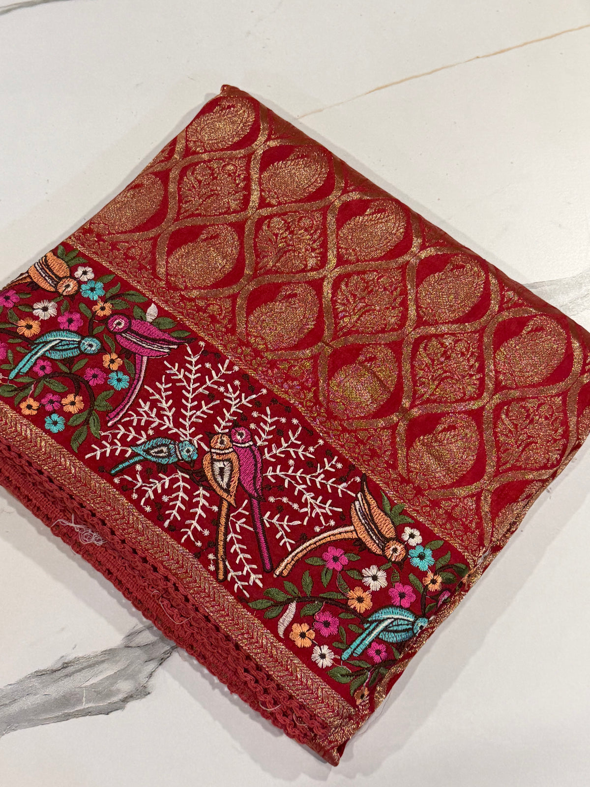 PH-3499 Red  Banaras katan Pettit work saree