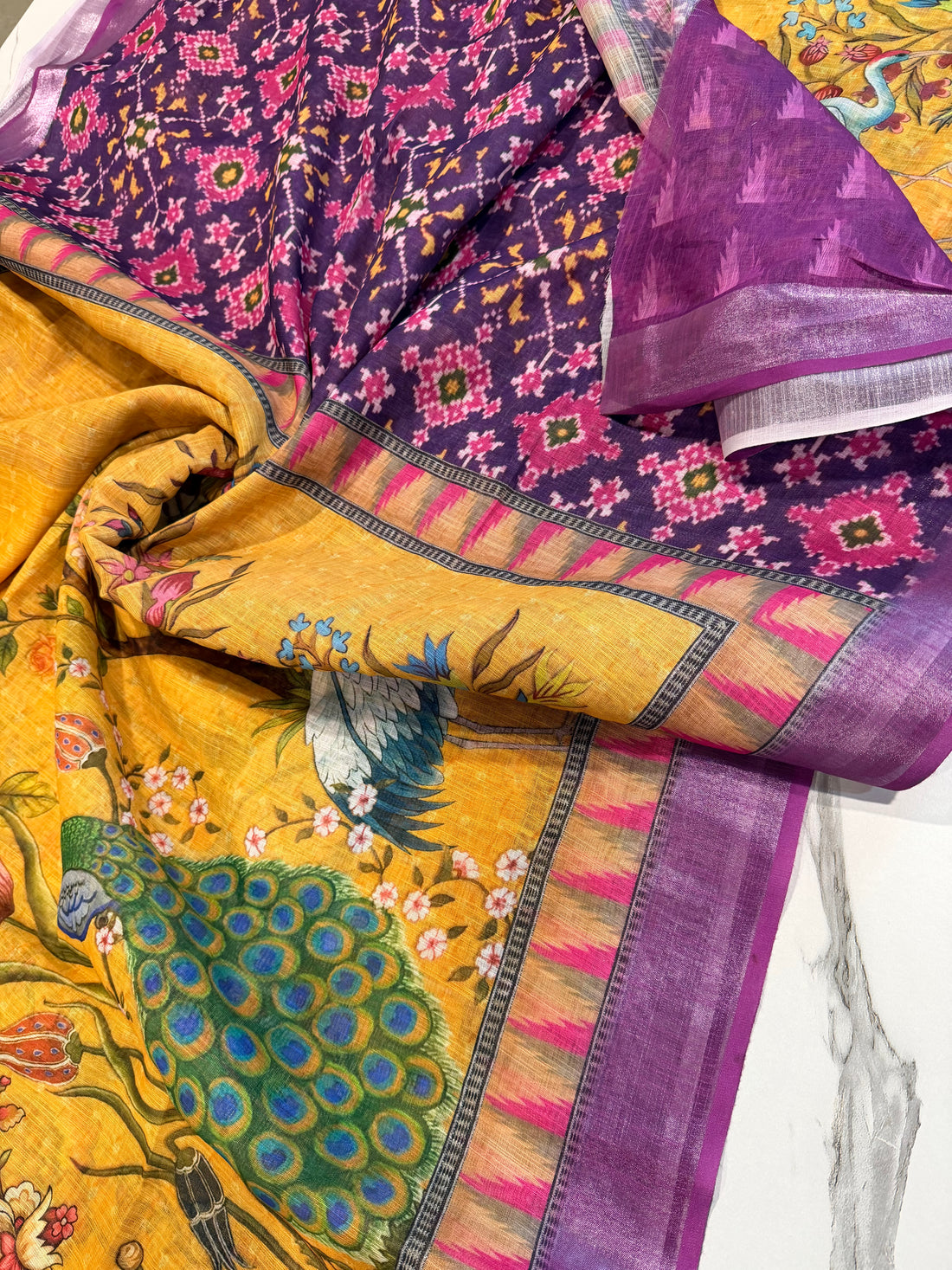 LD-L3 Linen prints yellow & Magentha saree