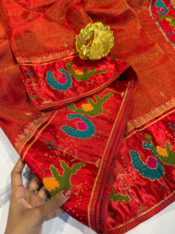 T-2998 Red banaras tissue Mashru borders saree