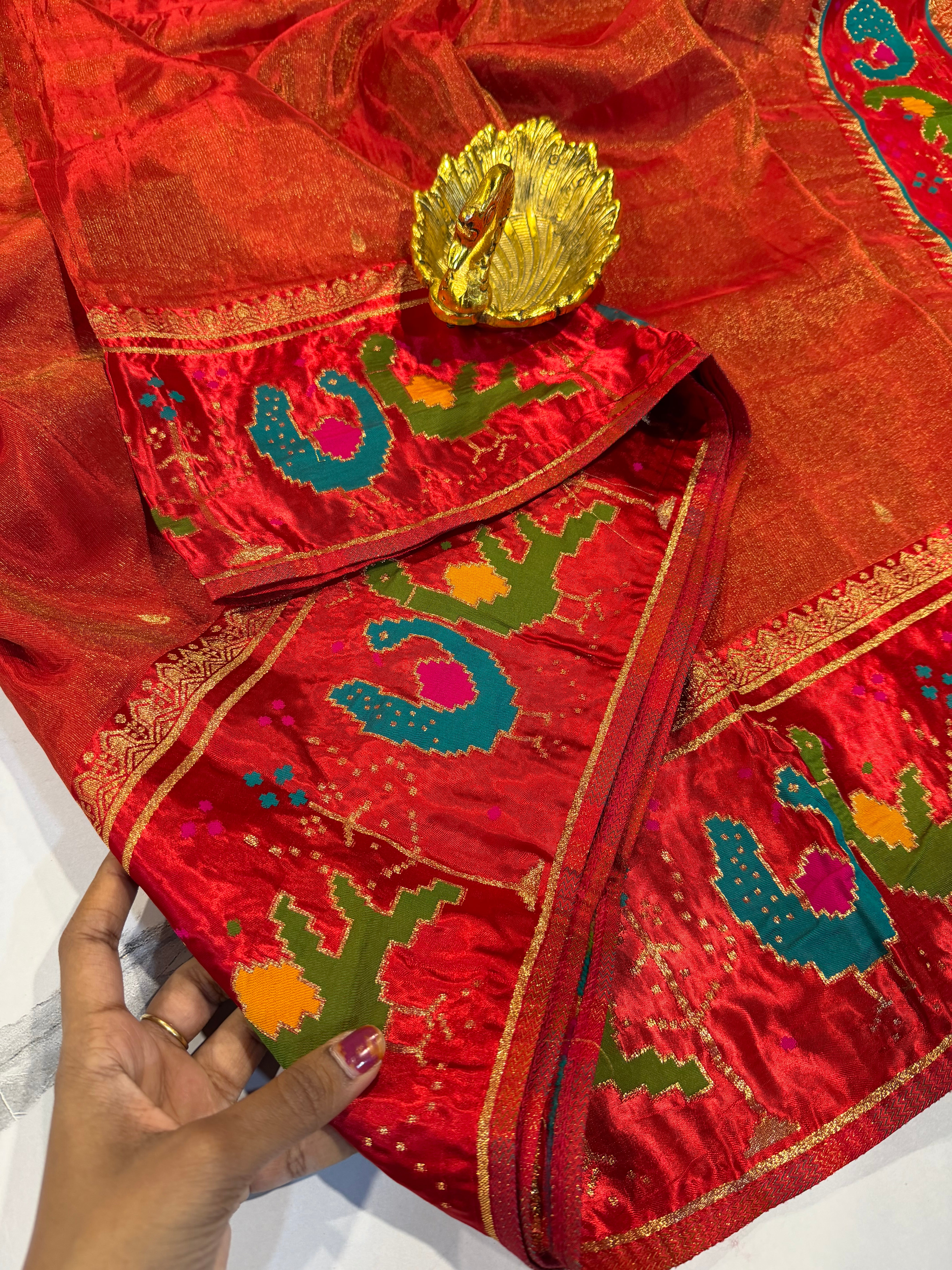 T-2998 Red banaras tissue Mashru borders saree