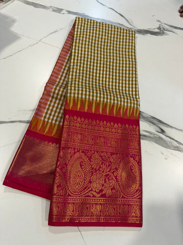 SGC-2500 Madras checks gadwal pesara Green & pink border saree