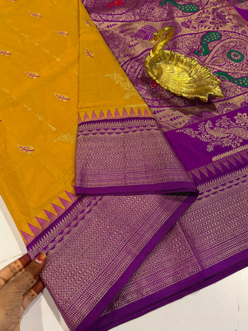 LD-NL35 semi narayanpet pattu golden yellow and purple border saree