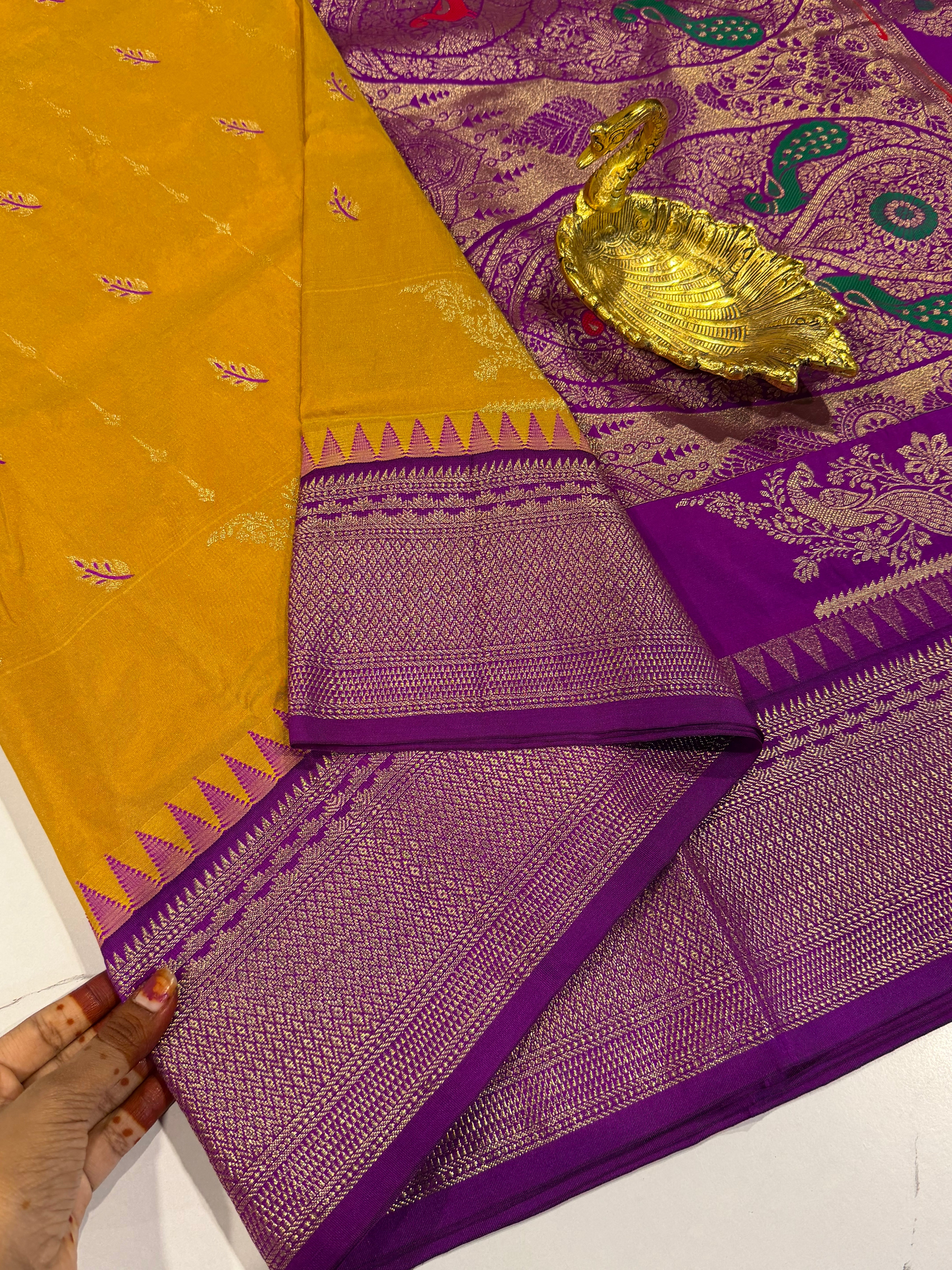 LD-NL35 semi narayanpet pattu golden yellow and purple border saree