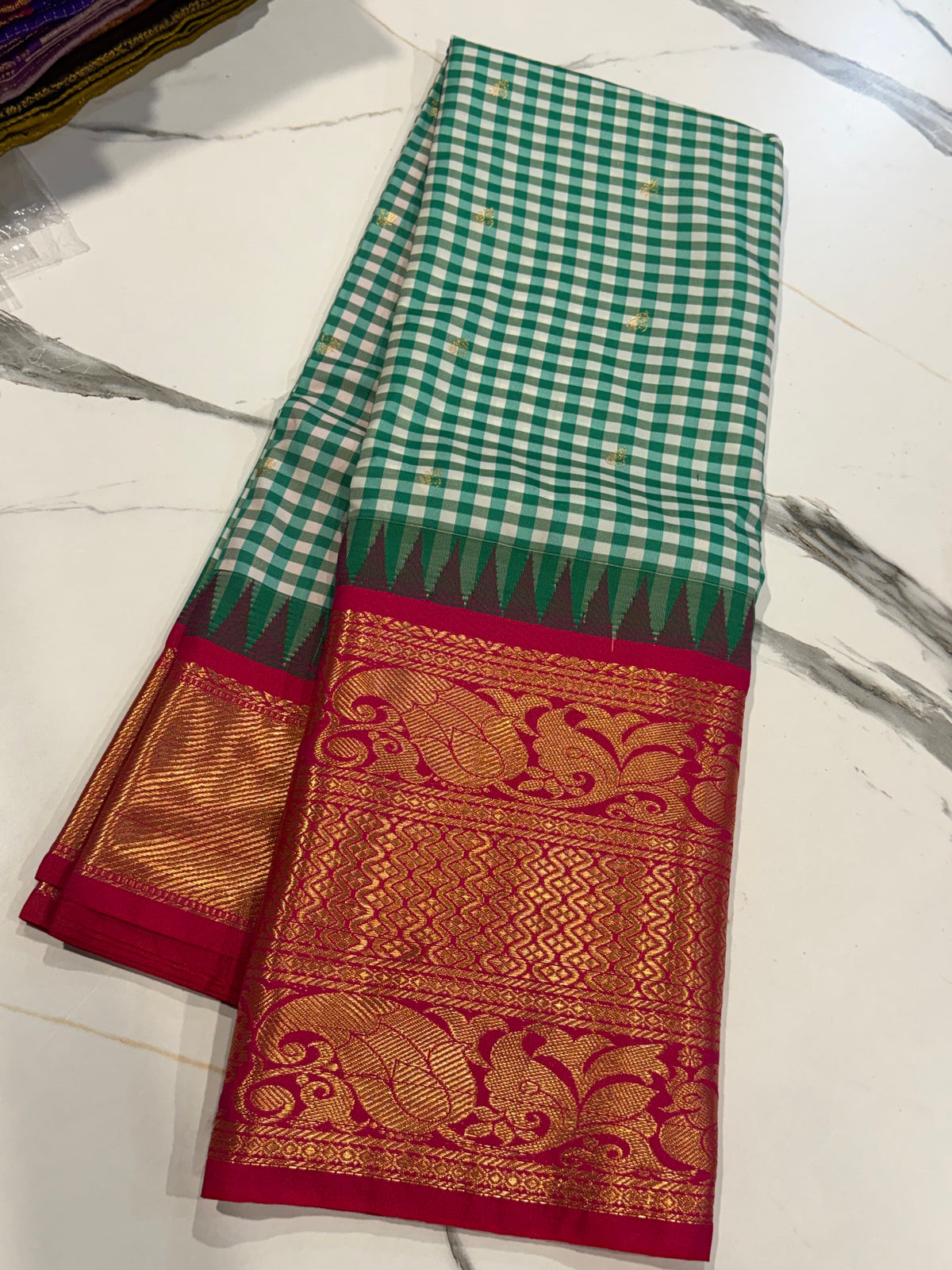 SGC-2500 Madras checks gadwal Green n pink border saree
