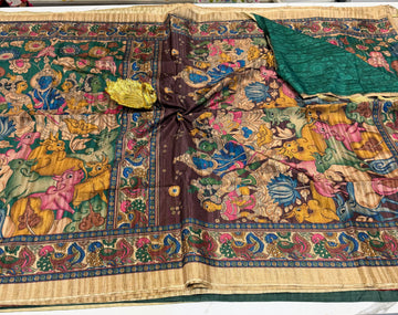 LD-T3 Green n brown saree fancy tusser