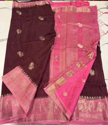 GM-1699 brown n baby pink colour Banaras Green mango saree