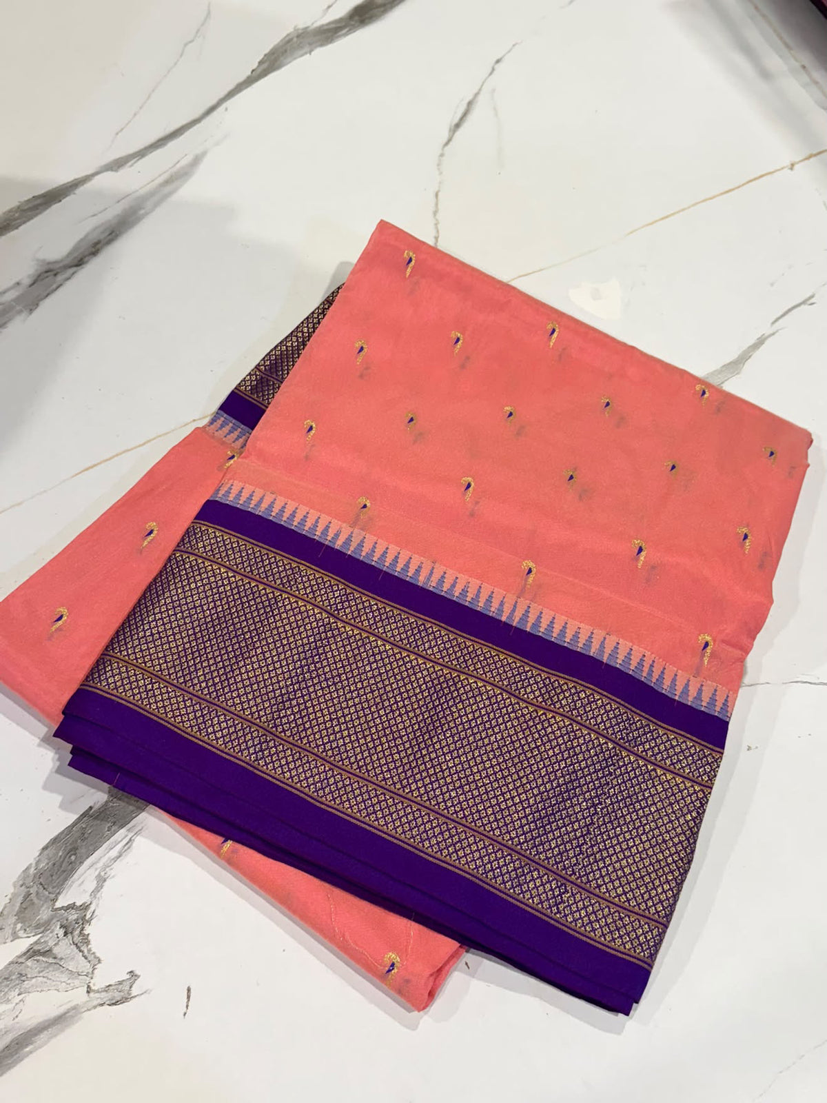 LD-N9 narayanapeta semi Pattu peach pink and violet border muniya butta saree