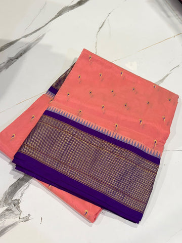 LD-N9 narayanapeta semi Pattu peach pink and violet border muniya butta saree