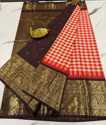 SGC-2800 semi Gadwal checks orange and brown border saree