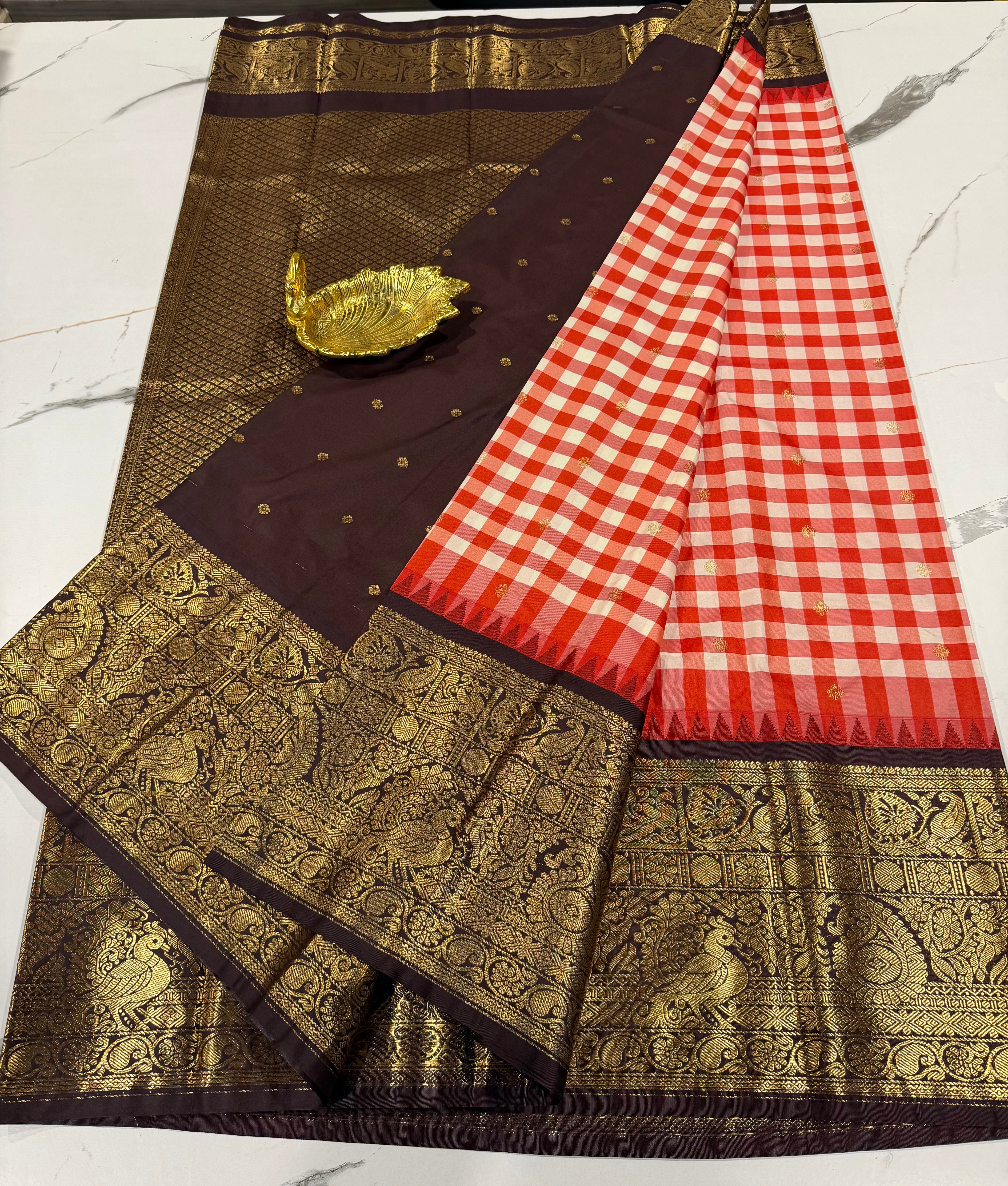 SGC-2800 semi Gadwal checks orange and brown border saree