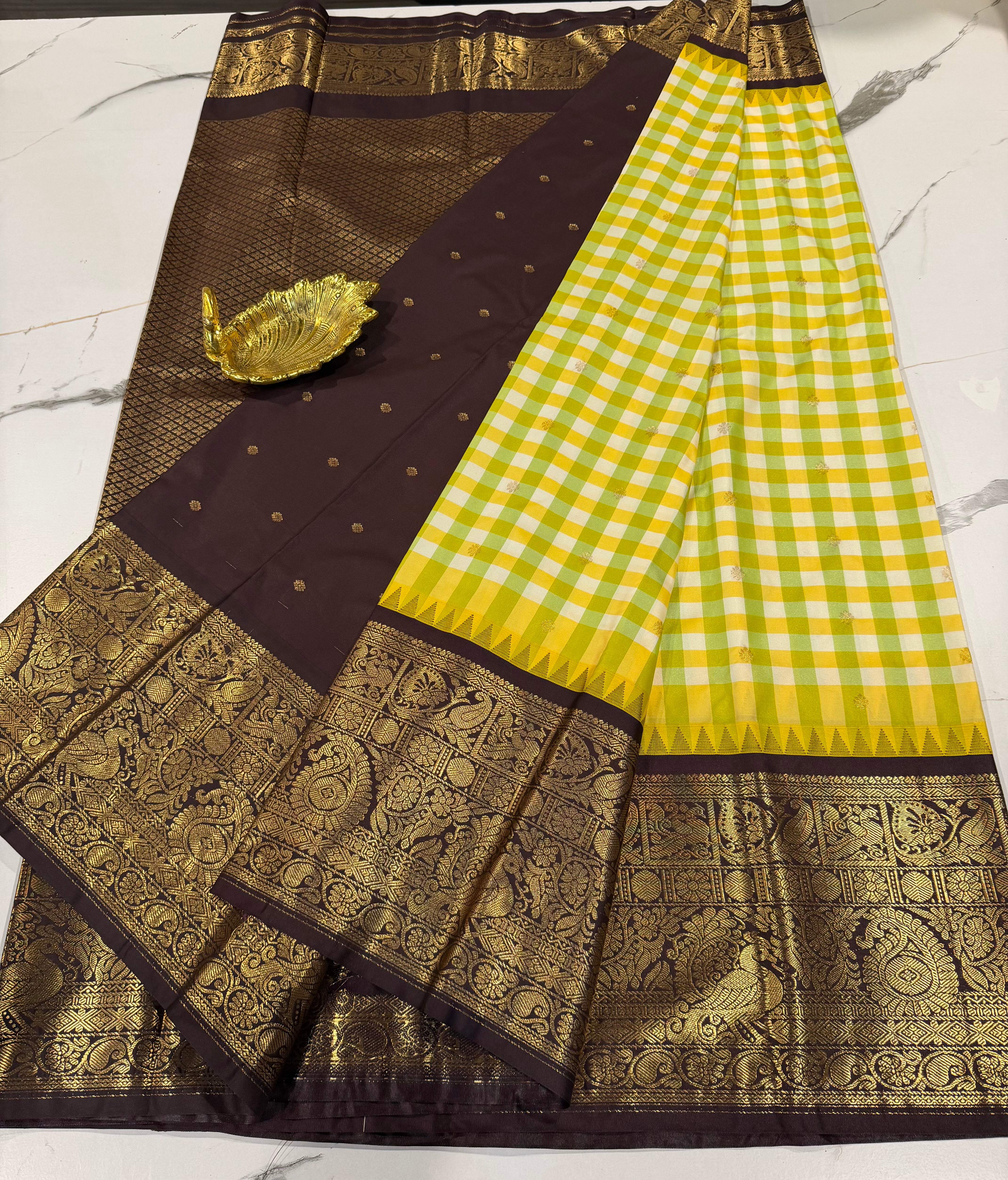 SGC-2800 semi Gadwal checks lemon yellow and brown border saree