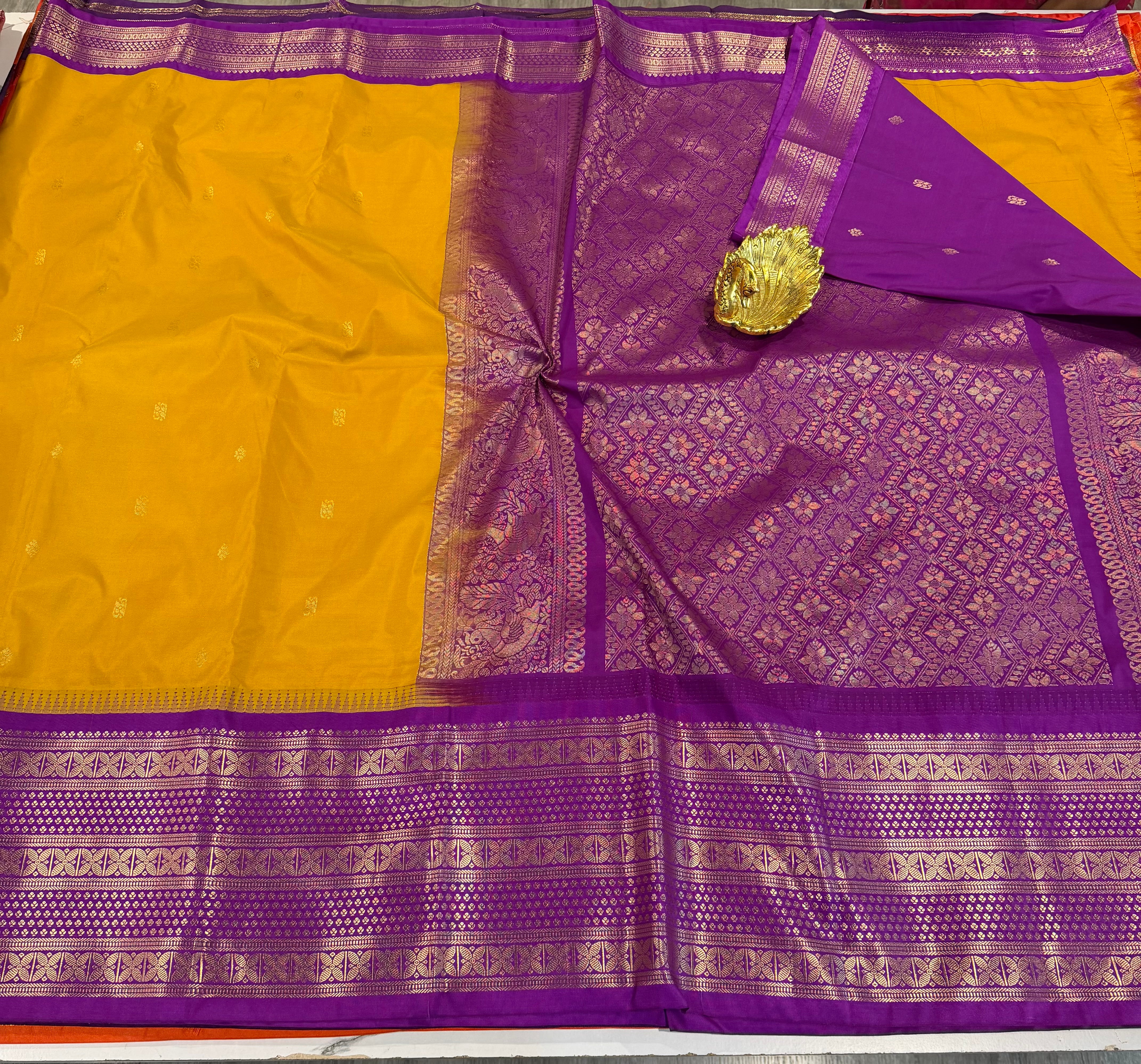 LD-G2299 vintage Semi Gadwal mustard yellow and purple Border with butta saree
