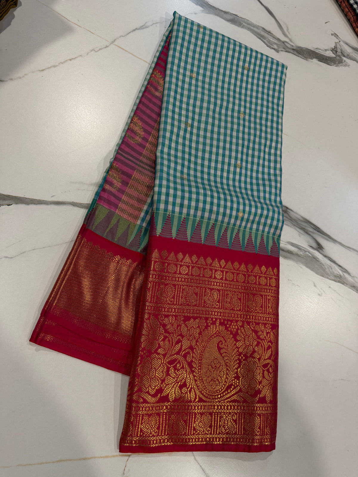 SGC-2500 Madras checks gadwal krishnablue n pink border saree