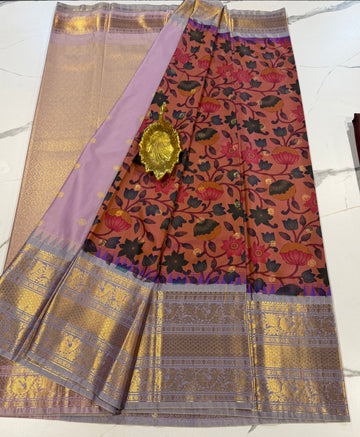 SGK-2997 peach n Lavender  gadwal Kalamkari sarees