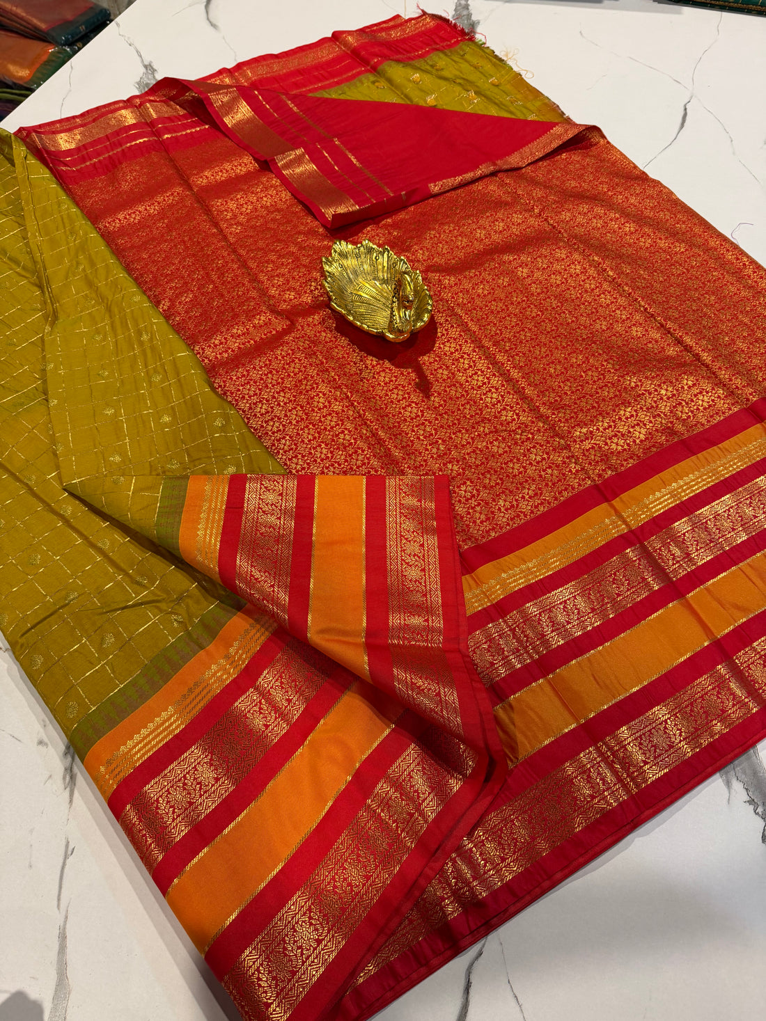 GR-2850 mehandi green and gap borders semi Gadwal sarees
