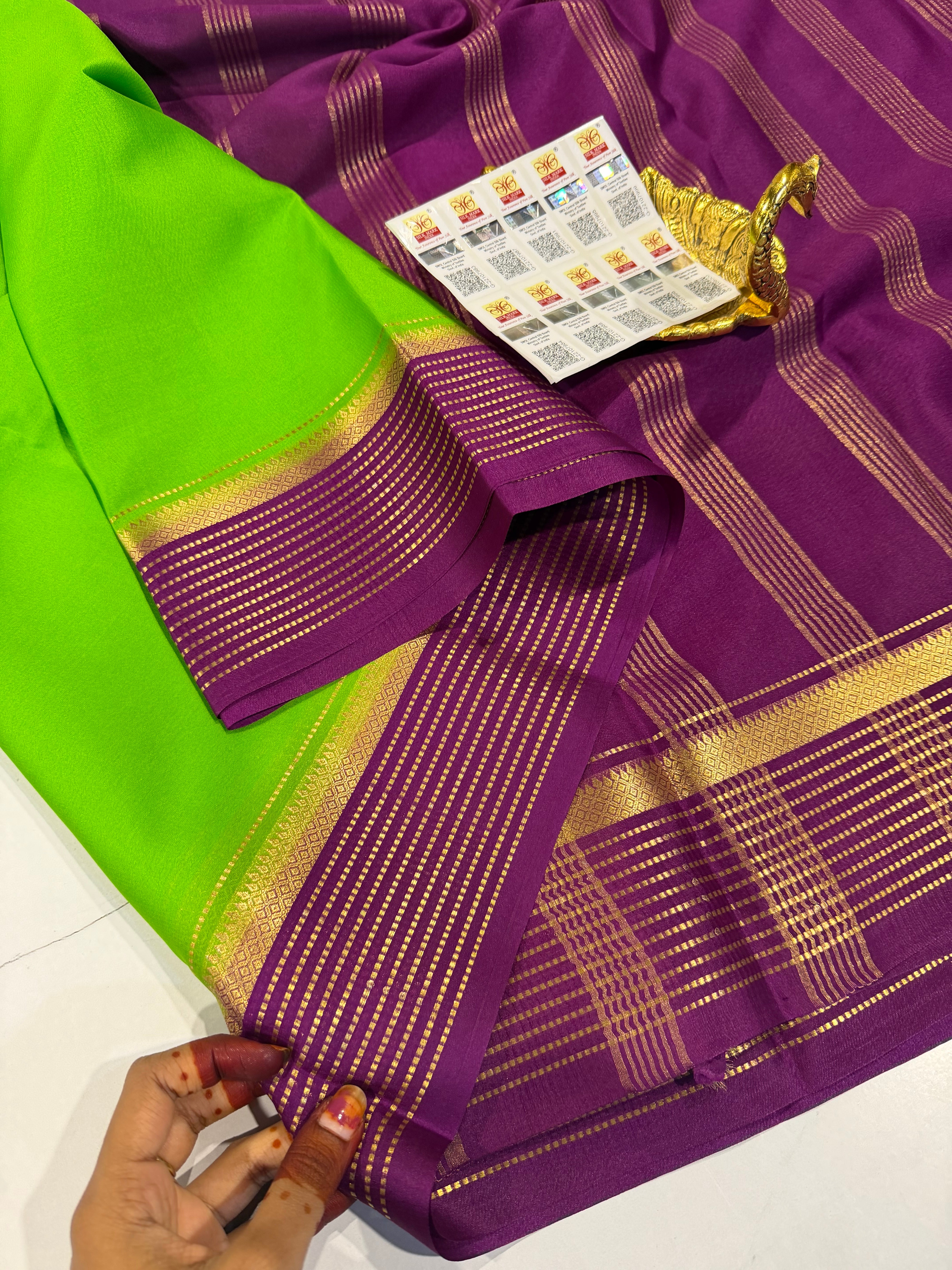 PM-5700 Light green and Purple colour border Mysore crepe silk saree