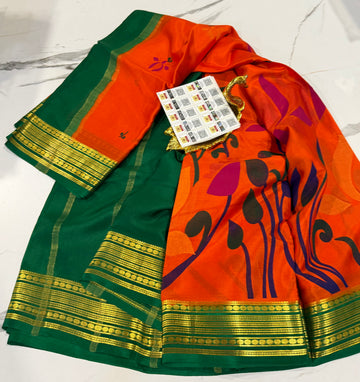 KM-6500 orange colour pure Mysore crep block prints saree