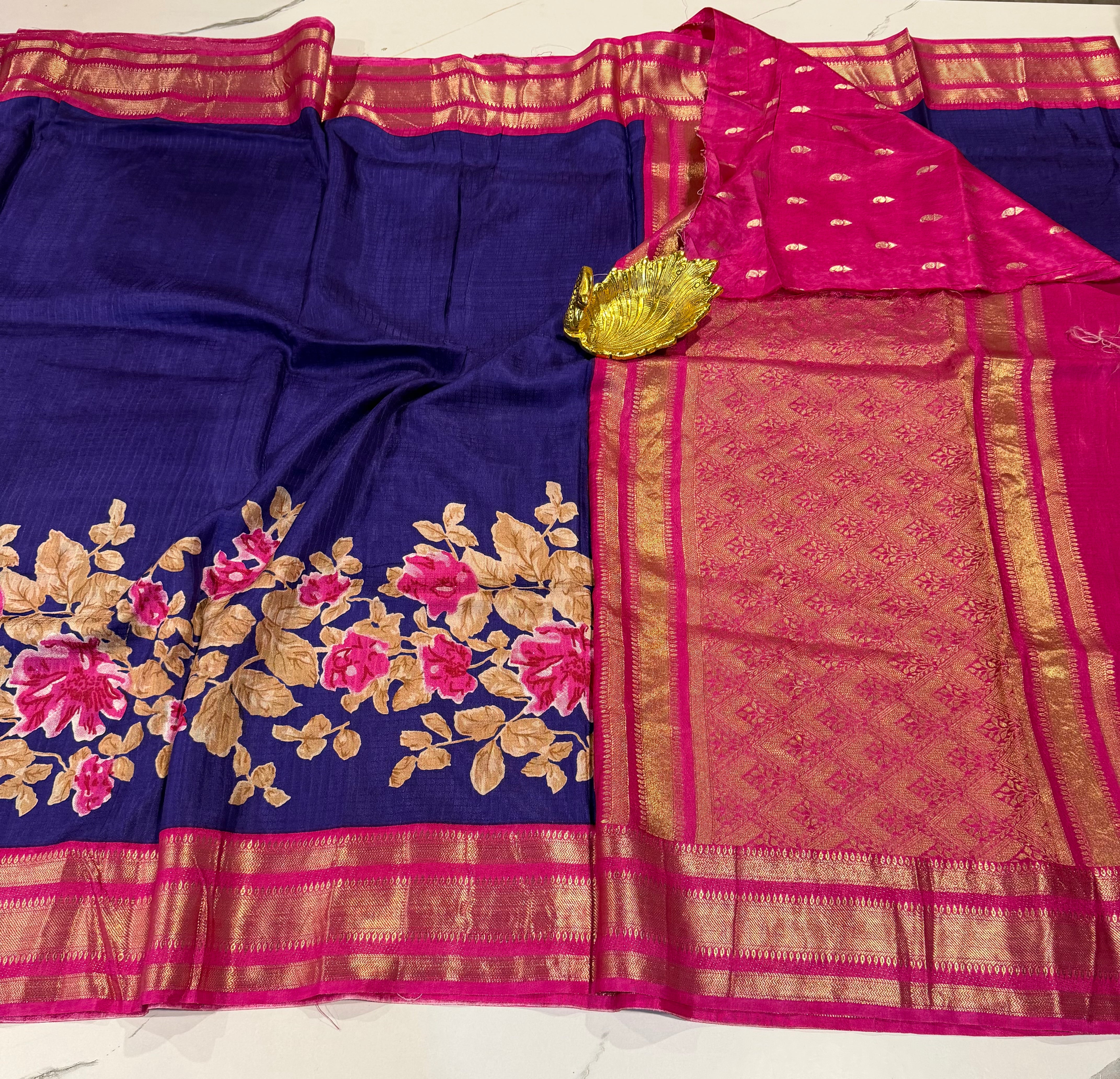 LD-M2650 dark blue n pink borders mysore crepe saree