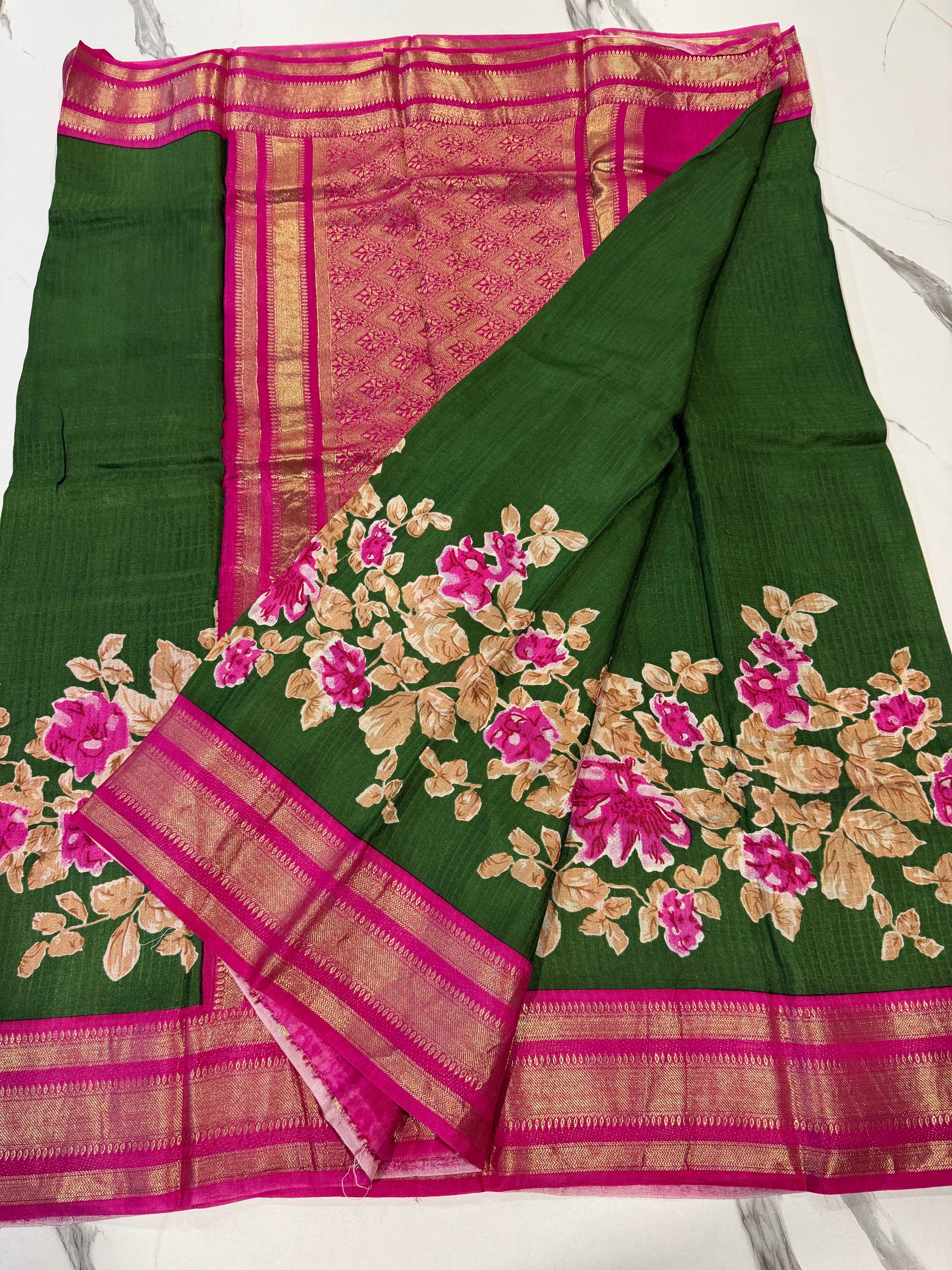 LD-M2700 Mysore Crepe Semi Green n pink Saree