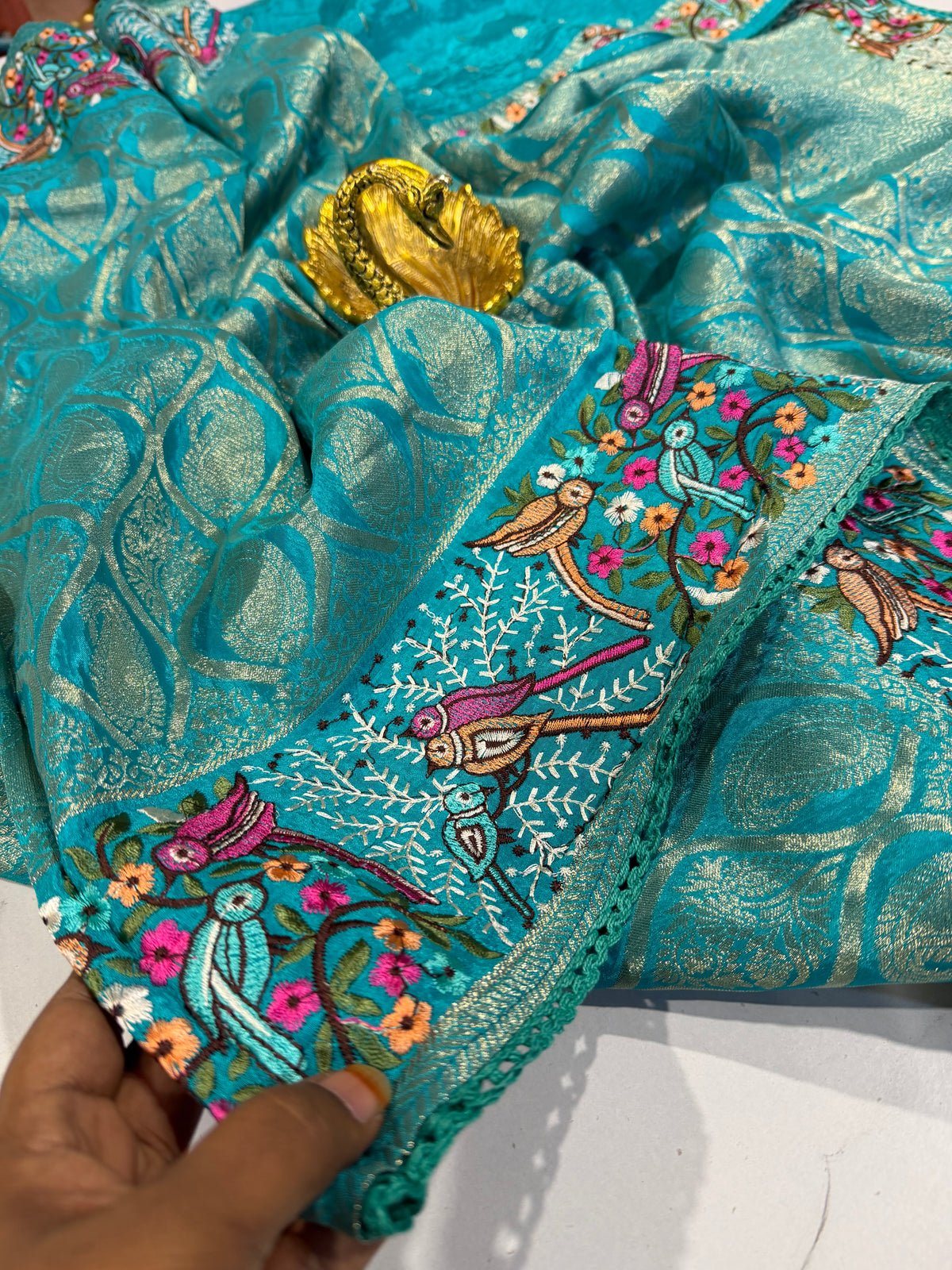 PH-3499 skyblue Banaras katan Pettit work saree