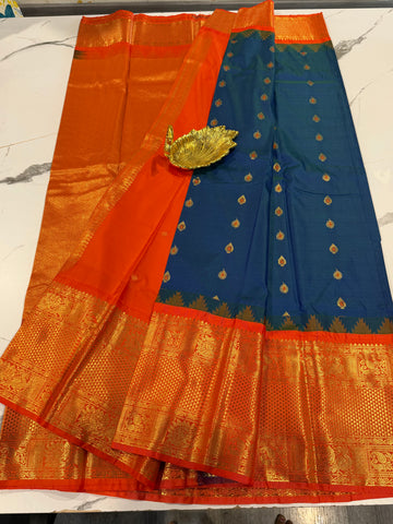 VG2 semi Gadwal peacock blue and orange border saree