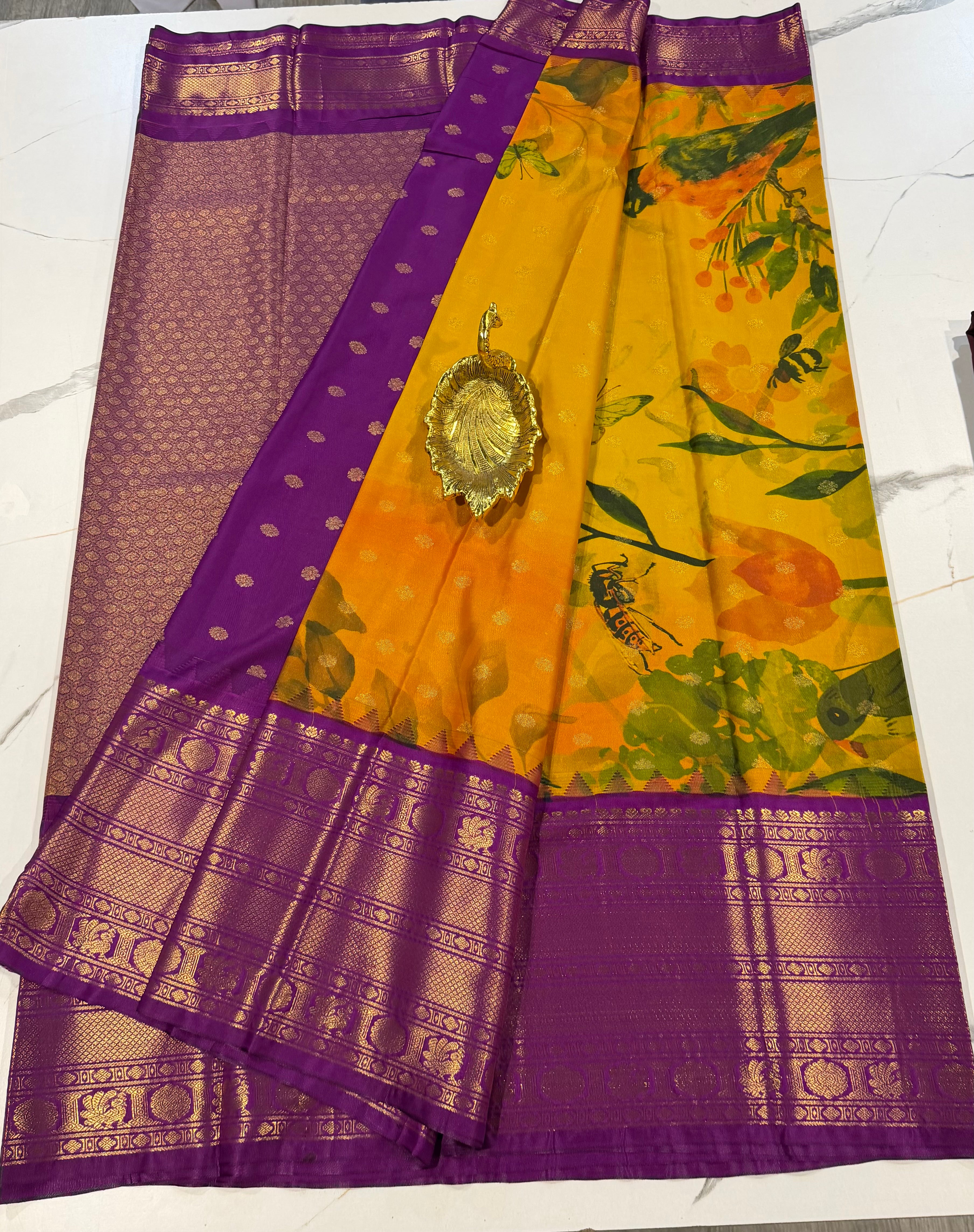 SGK-2997 Mustured n purple gadwal Kalamkari saree