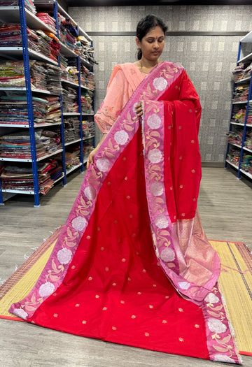 LD-R7 Banaras green mango red & mauve saree