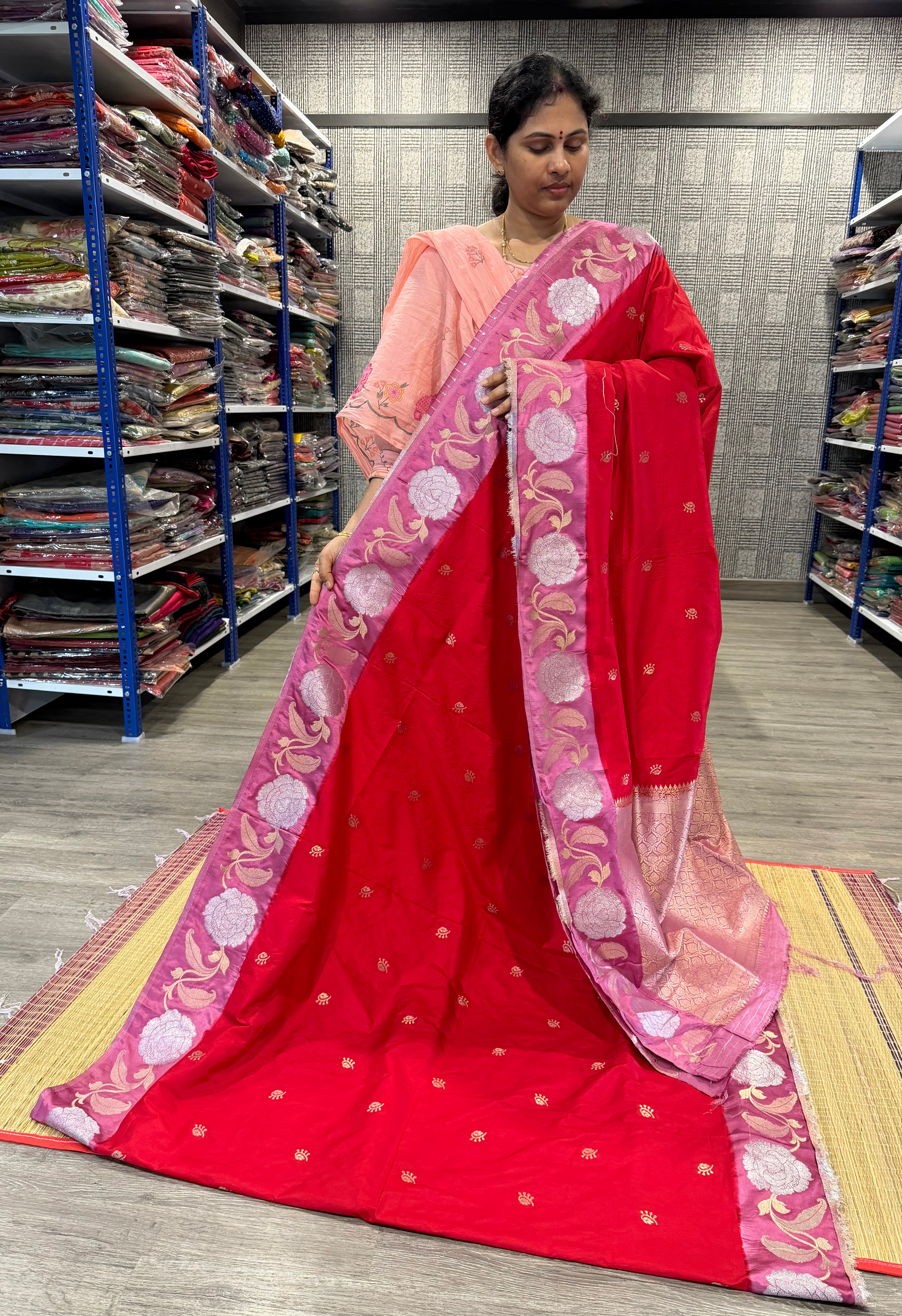 LD-R7 Banaras green mango red & mauve saree