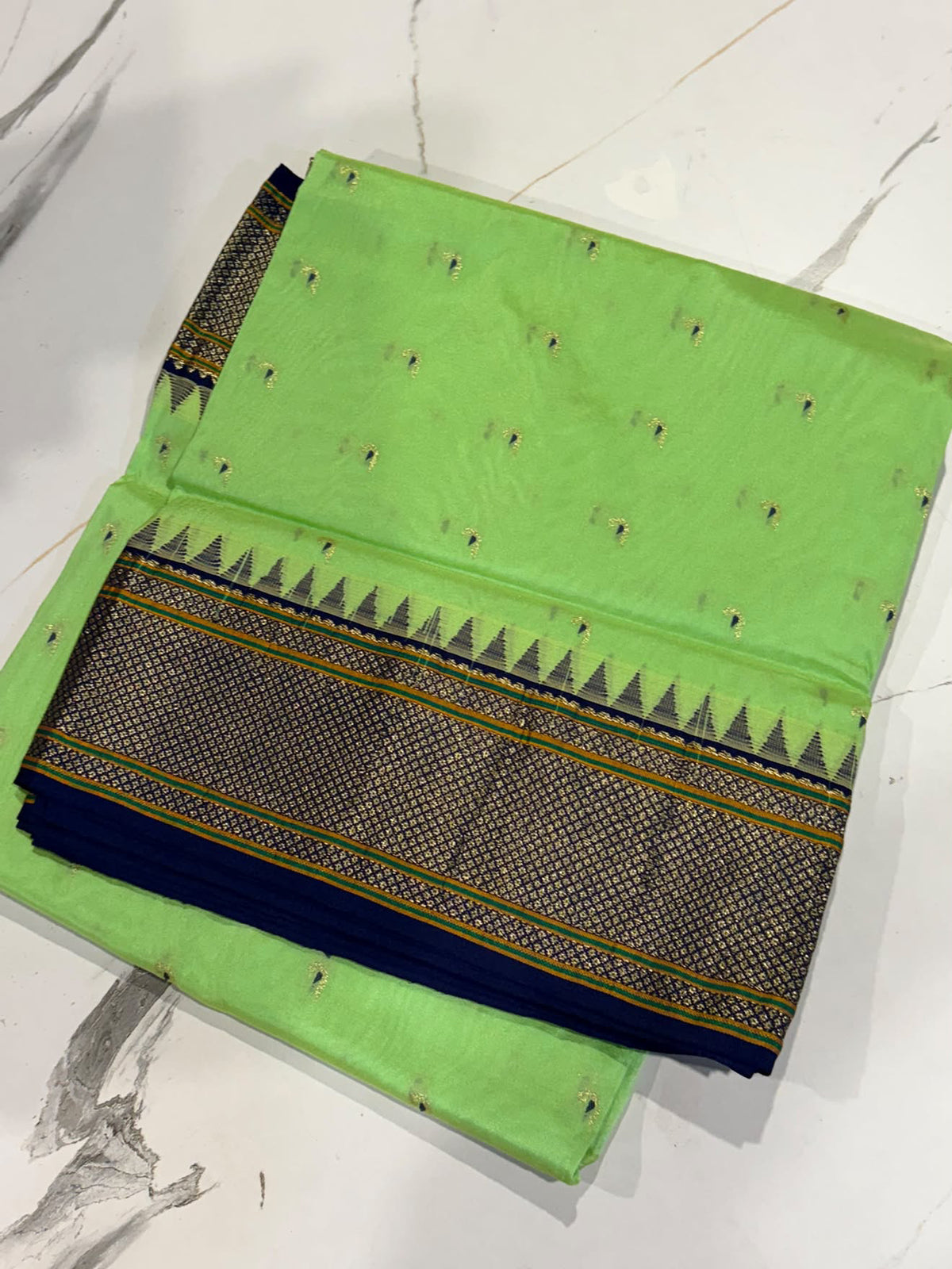 LD-N9 narayanapeta semi Pattu pista green and navy blue border muniya butta saree
